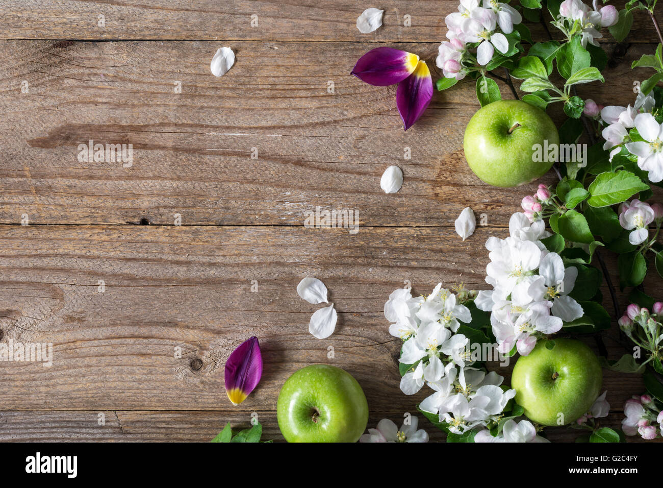 Sfondo di legno con Apple Blossom fiori. Fiori e verde mela su legno rustico sfondo. Copia spazio per il testo Foto Stock
