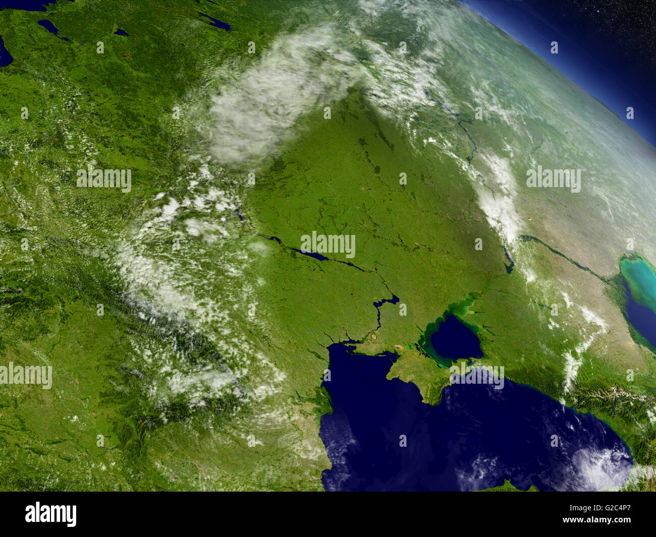 Ucraina con la circostante regione come si vede dall'orbita terrestre nello spazio. 3D illustrazione con altamente dettagliata pianeta realistico surfa Foto Stock