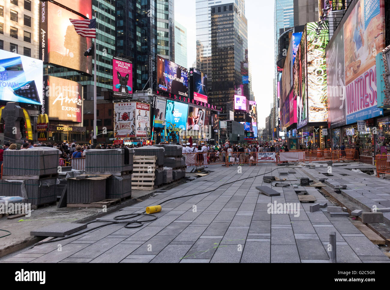 La riparazione della strada in Times Square a New York City Foto Stock