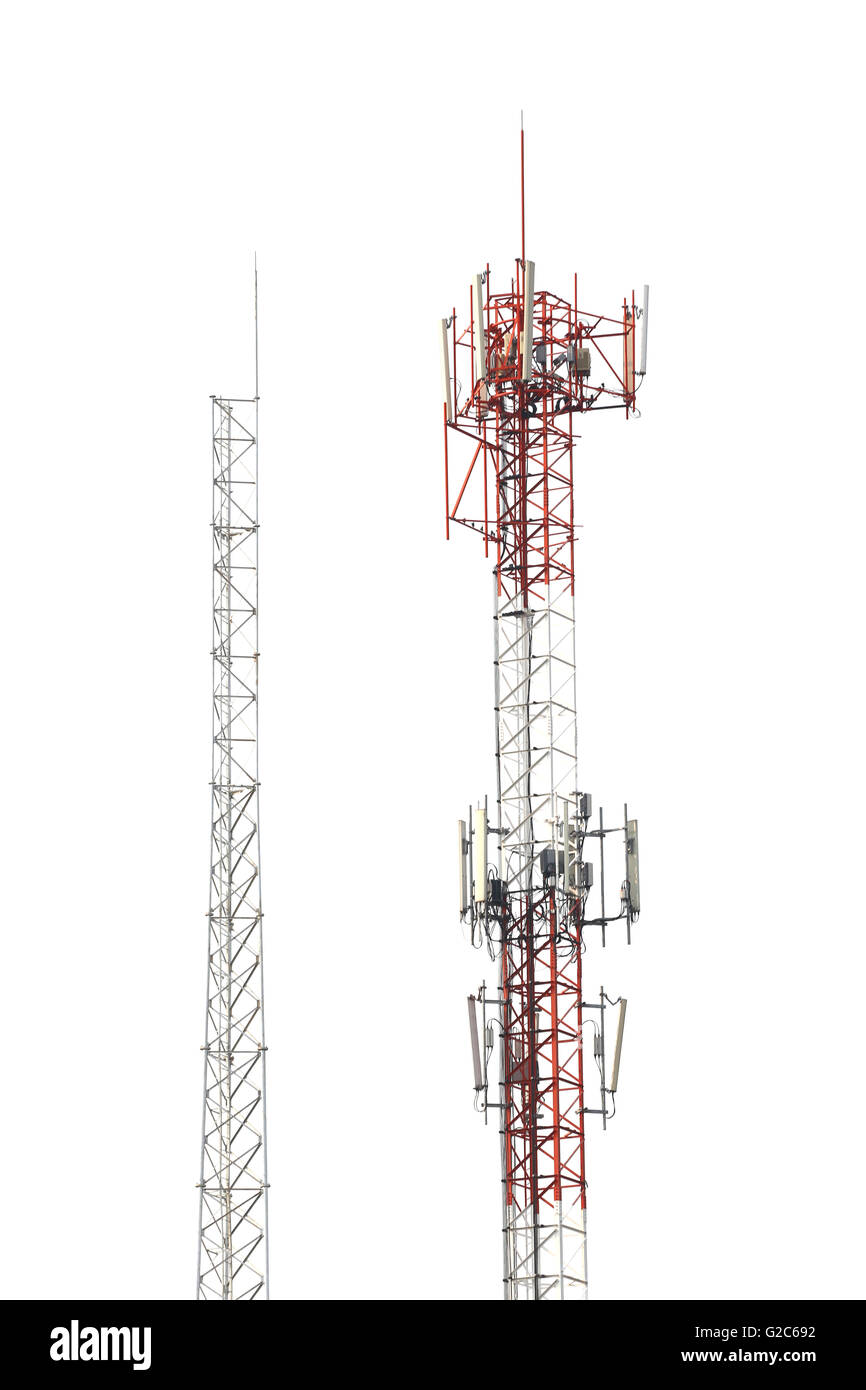 Antenna del telefono che serve di segnale isolati su sfondo bianco. Foto Stock