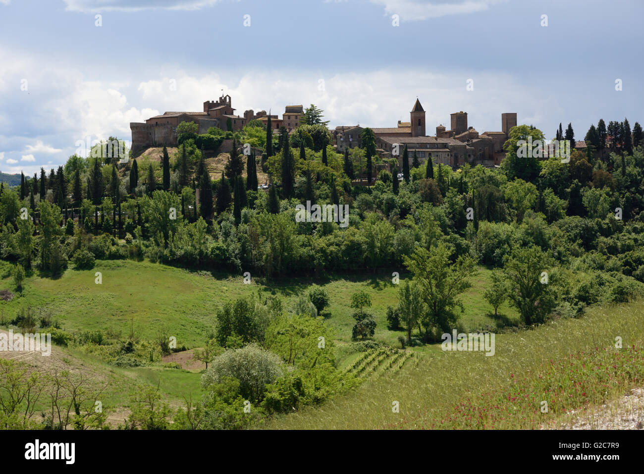 I negozi e gli amanti dello shopping nella fortificata città medievale di San Gimignano in Toscana. Foto Stock