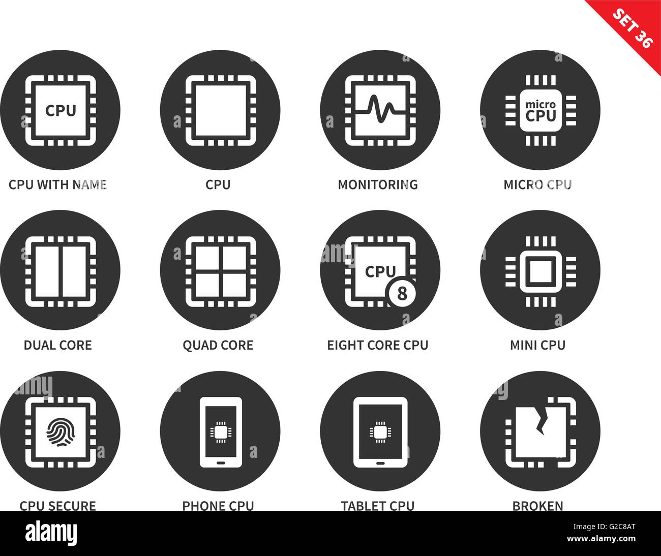Le icone della cpu su sfondo bianco. Illustrazione Vettoriale