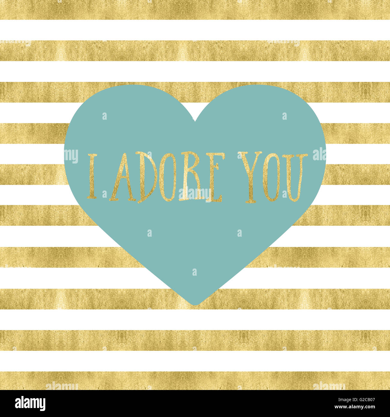 Cuore blu con il testo su una lamina di oro striato di effetto sfondo a strisce Foto Stock