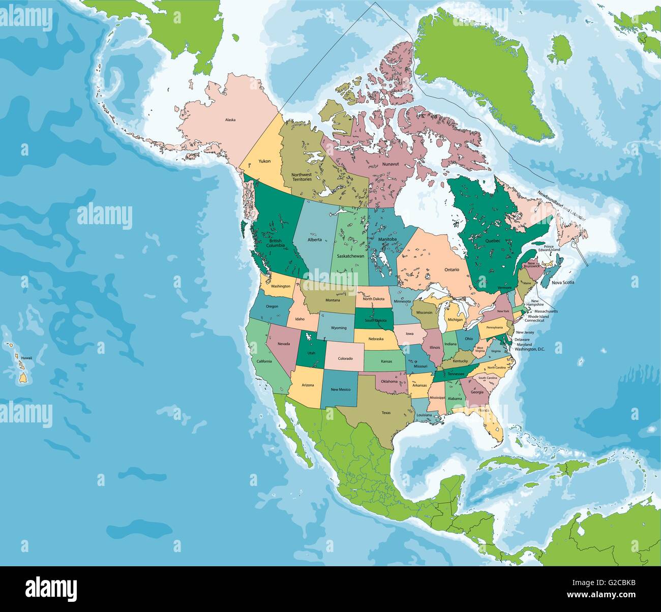 Mappa del Nord America con Stati Uniti e Canada Illustrazione Vettoriale