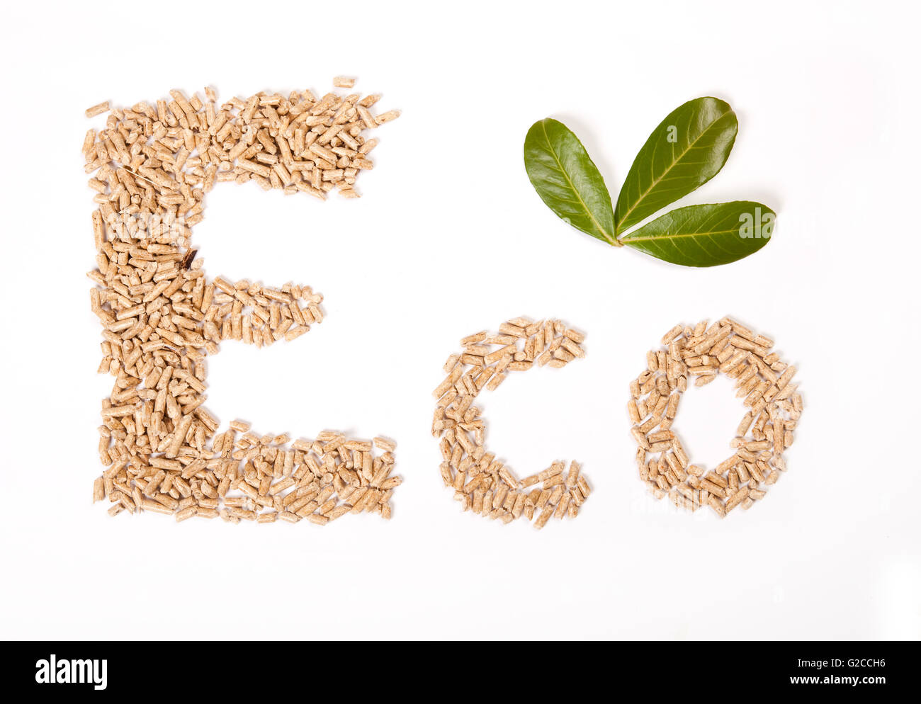 Eco font scritto con pellet di legno, su sfondo bianco con foglie di colore verde Foto Stock