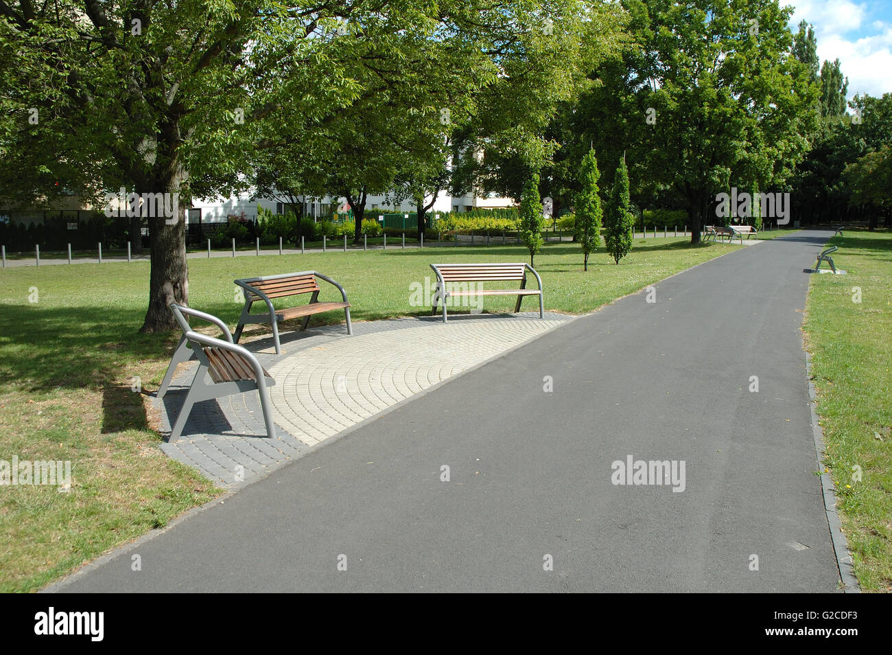 Il sentiero, alberi e panchine nel parco vicino fiume Warta a Poznan, Polonia Foto Stock
