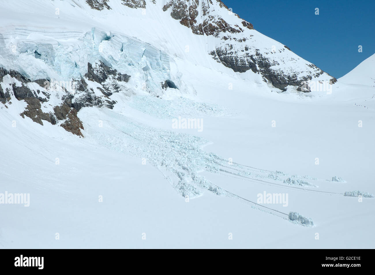 Ghiaccio, neve e valanghe Jungfraujoch nelle vicinanze passano nelle Alpi in Svizzera Foto Stock