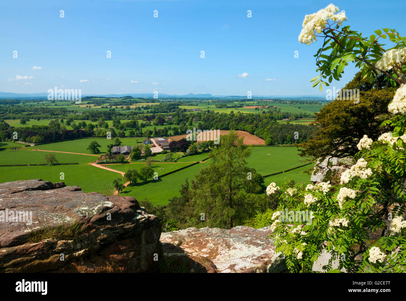 Guardando verso nord Shropshire campagna dal Grinshill Hill, Shropshire. Foto Stock