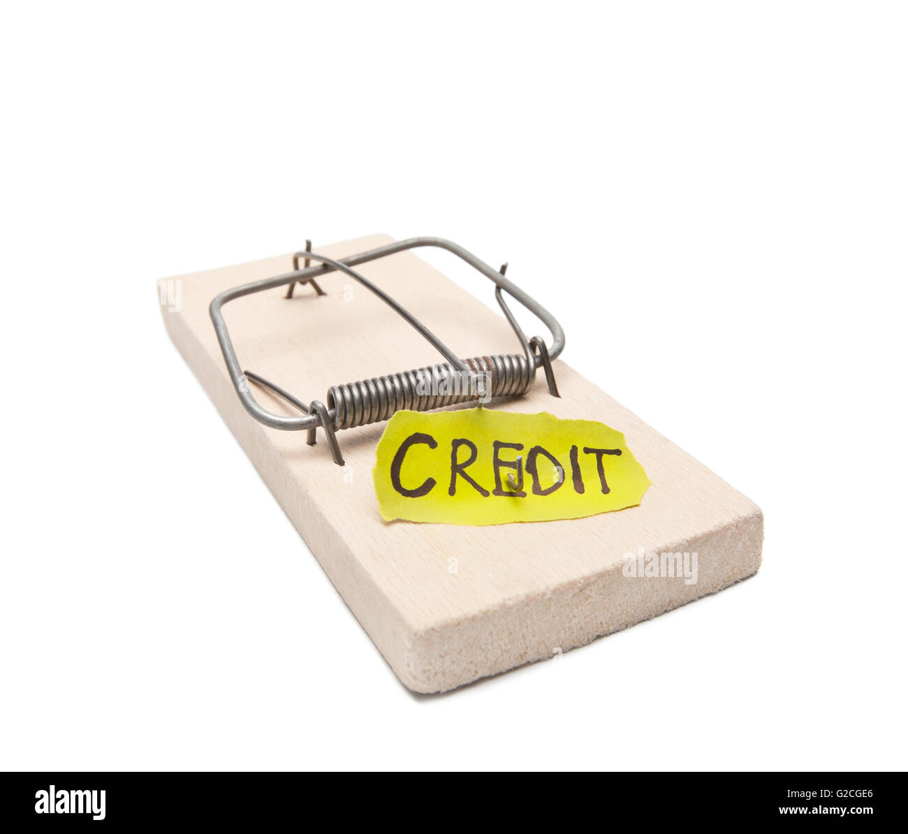 Mousetrap con credito esca all'interno. Debitore della prigione di concetto di immagine. Oggetto su bianco, concentrarsi su iscrizione Foto Stock