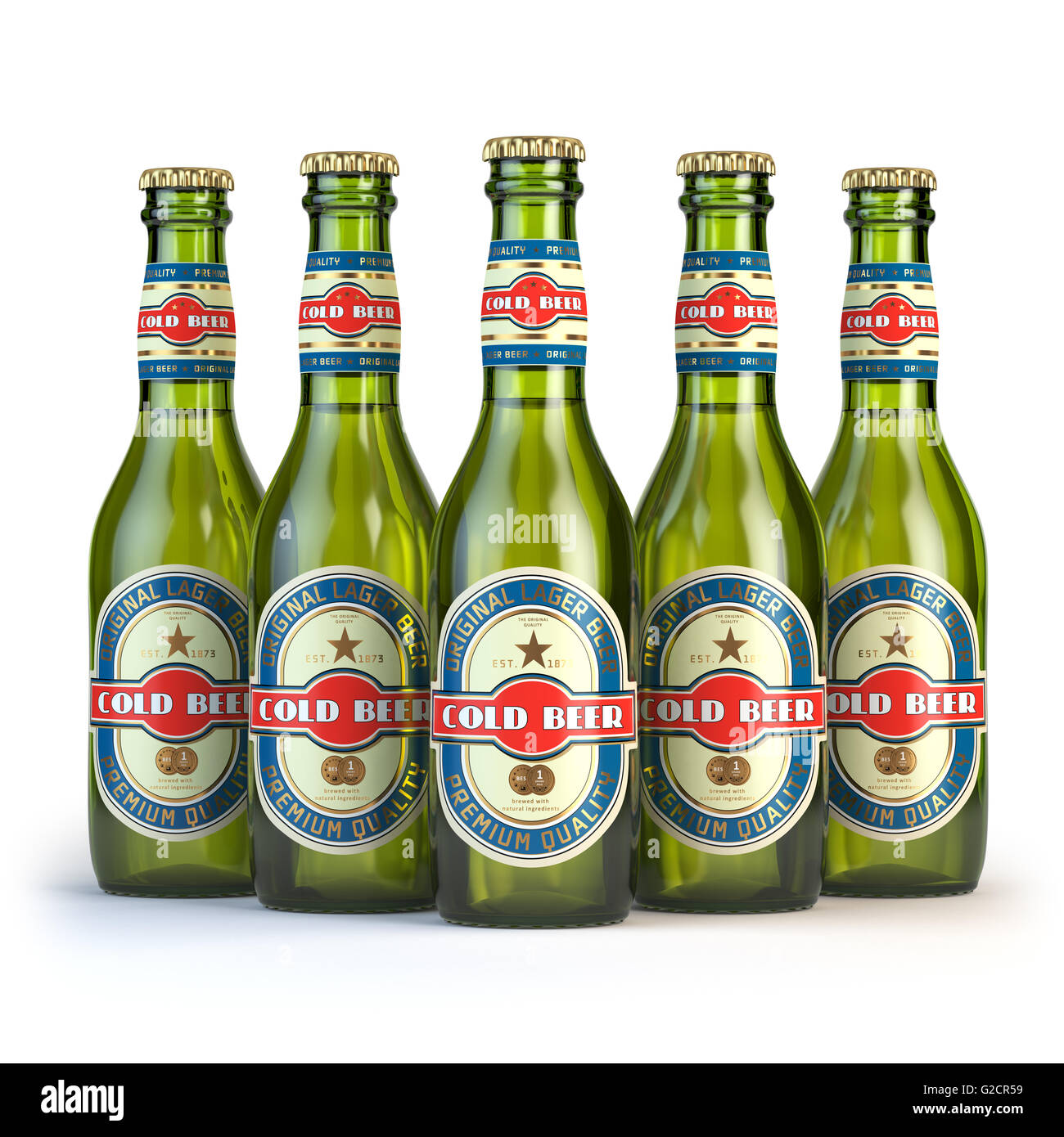 Le bottiglie di birra con etichetta "birra fredda' isolato su bianco. 3d illustrazione Foto Stock