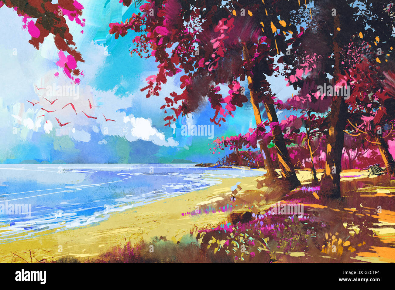 Gli alberi di rosa sulla spiaggia,l'estate,landscape illustrazione Foto Stock