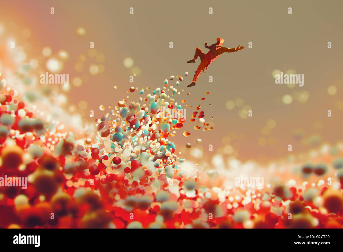 L'uomo il salto dal sacco di sfere colorate, Illustrazione tecnica Foto Stock