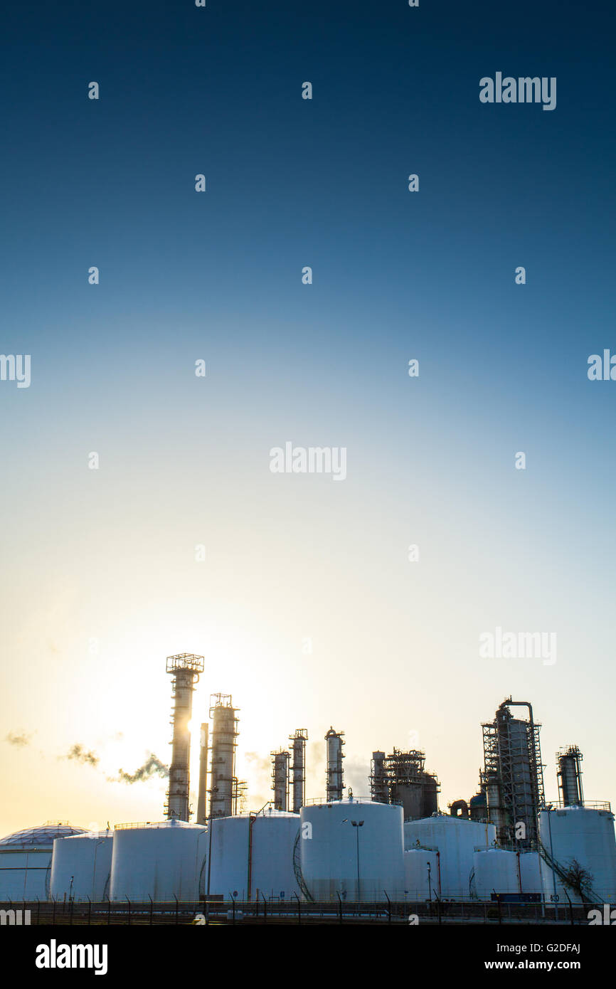 Giornata senza nuvole con il sole alle spalle una serie di bianco i serbatoi di stoccaggio e di produzione chimica complessa di Rotterdam Paesi Bassi area Botlek Foto Stock