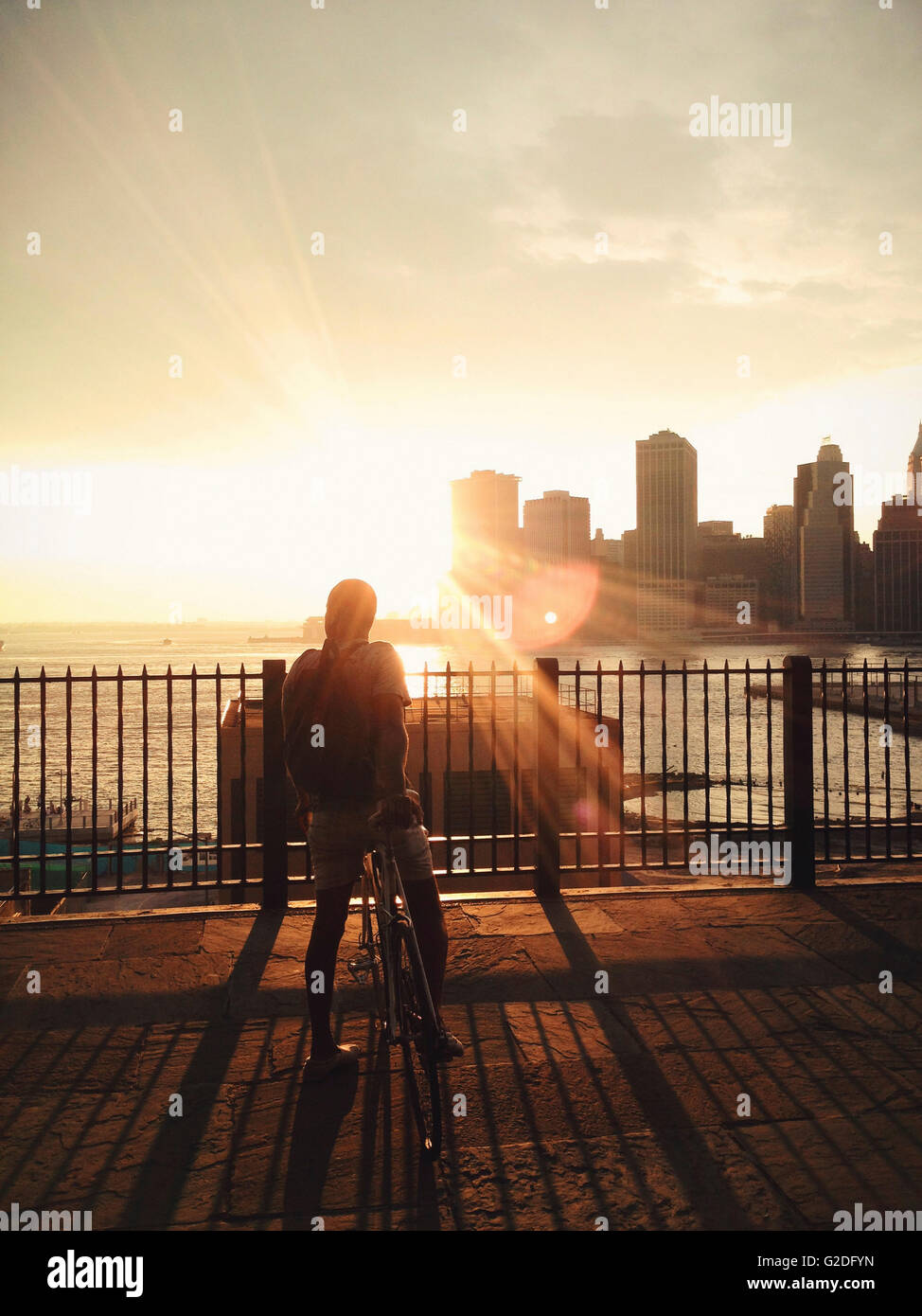 Uomo in bicicletta sul lungomare a guardare il tramonto, Brooklyn, New York City, Stati Uniti d'America Foto Stock