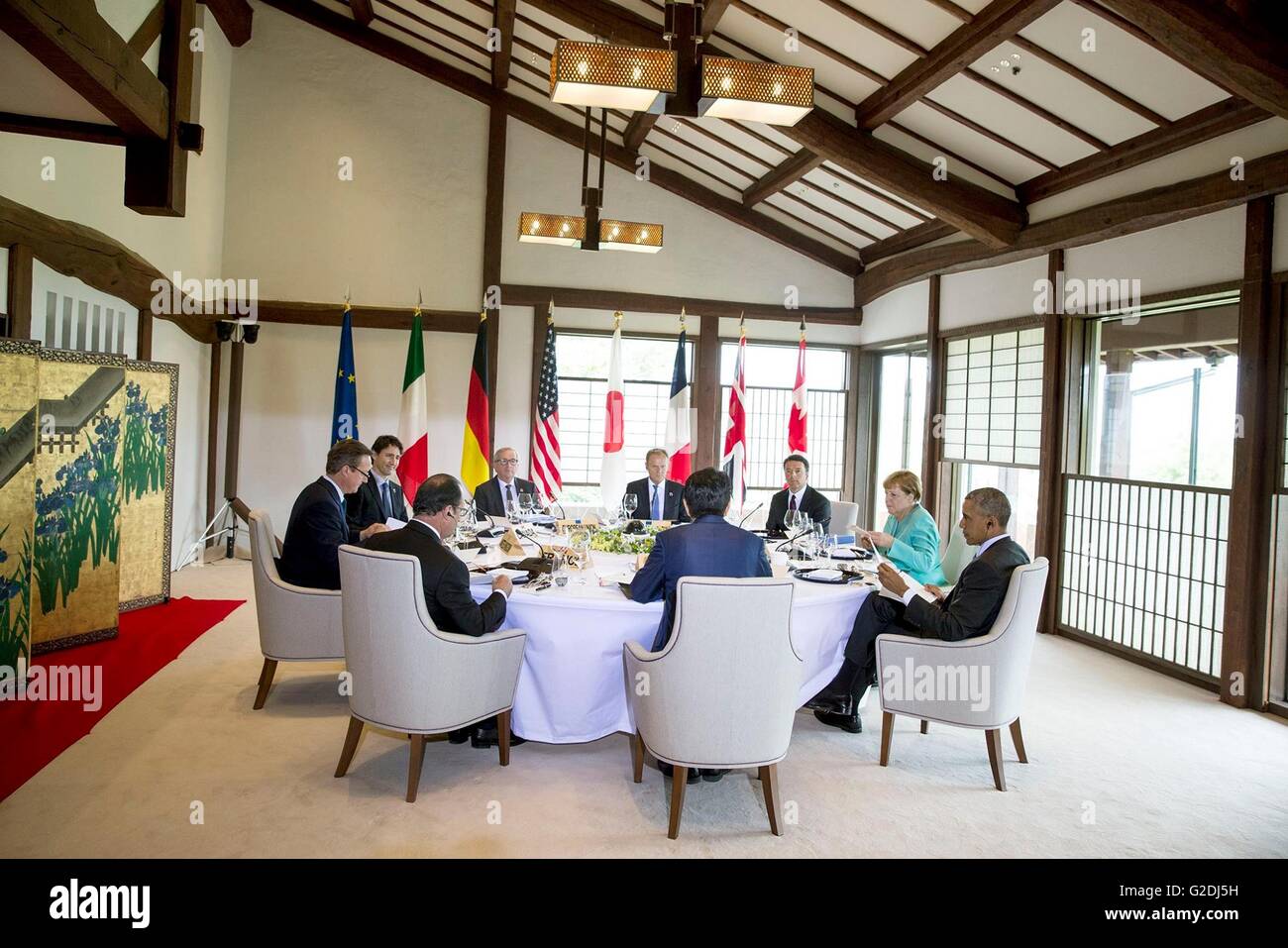 I leader del mondo con il Gruppo dei sette durante un pranzo di lavoro al vertice del G7 a Shima Kanko Hotel Maggio 26, 2016 in Shima, Prefettura di Mie, Giappone. Foto Stock