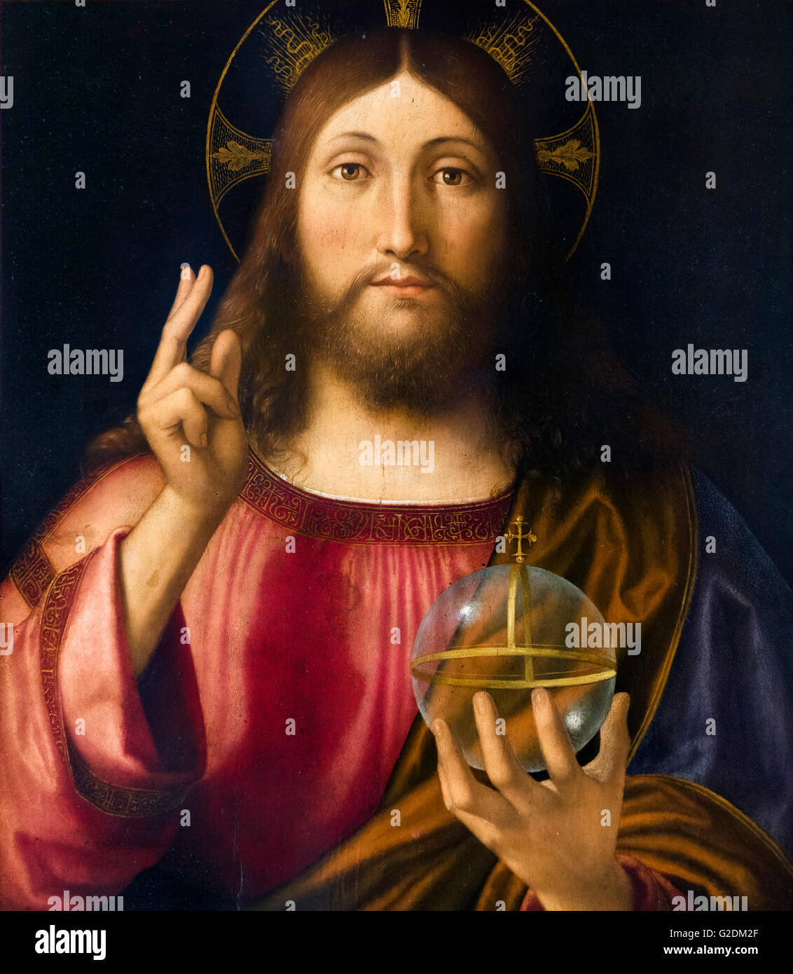 Salvator Mundi di Andrea Previtali, olio su legno di pioppo, 1519. Il dipinto raffigura Gesù Cristo benedicente con due dita sollevata. Foto Stock
