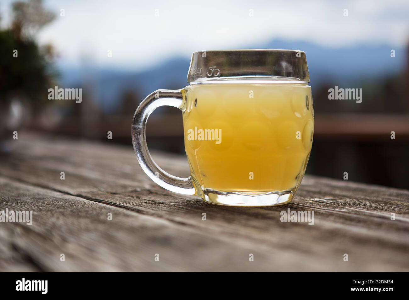 La pinta di fresh Apple Spritzer servita in uno chalet di montagna in Austria Foto Stock