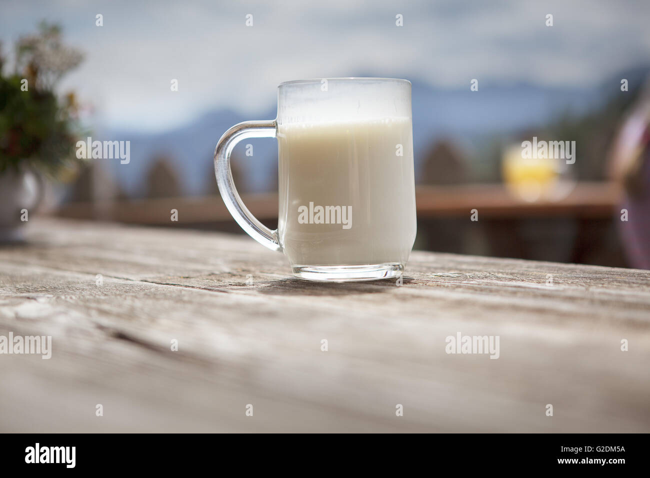 La pinta di siero di latte fresco servito in uno chalet di montagna in Austria Foto Stock