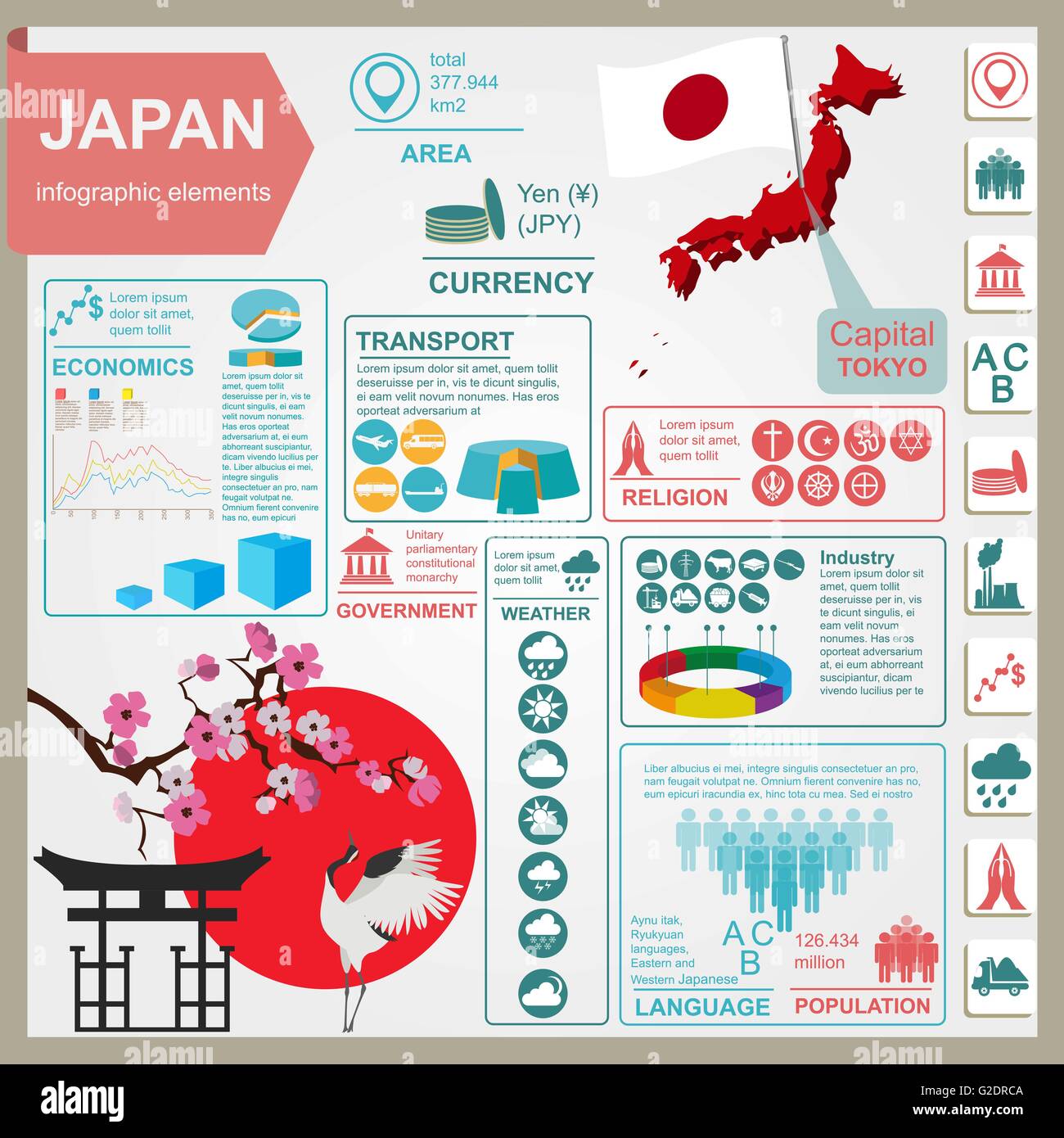 Giappone infographics, dati statistici attrazioni. Illustrazione Vettoriale Illustrazione Vettoriale