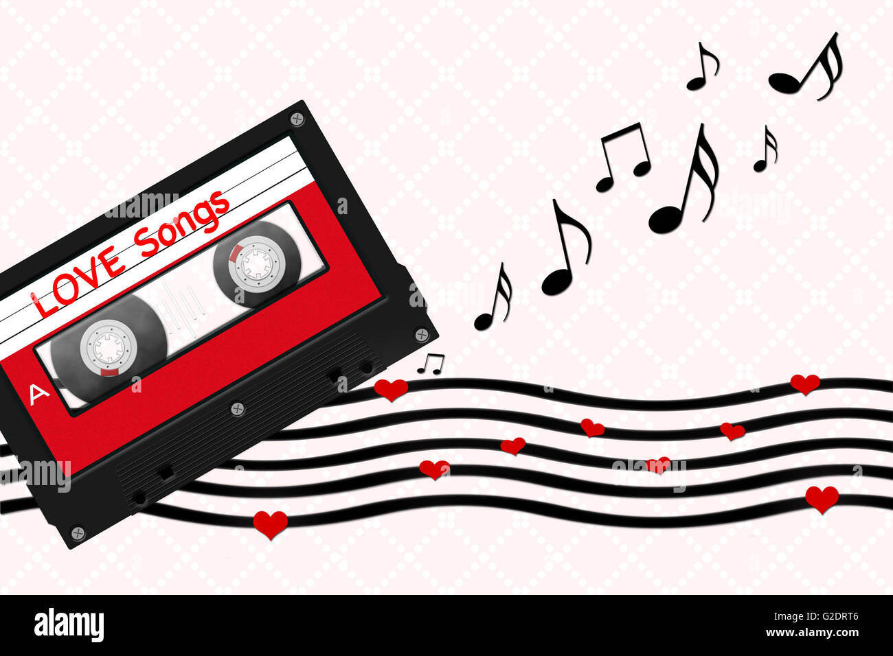 Cassetta a nastro illustrazione con love song messaggio, foglio di musica e forme di cuore su vintage sfondo rosa Foto Stock