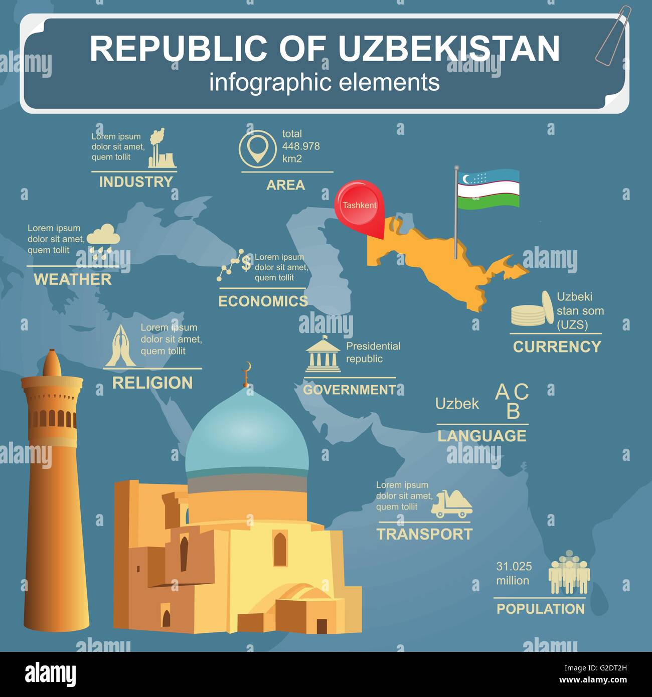 Uzbekistan infographics, dati statistici attrazioni. Illustrazione Vettoriale Illustrazione Vettoriale