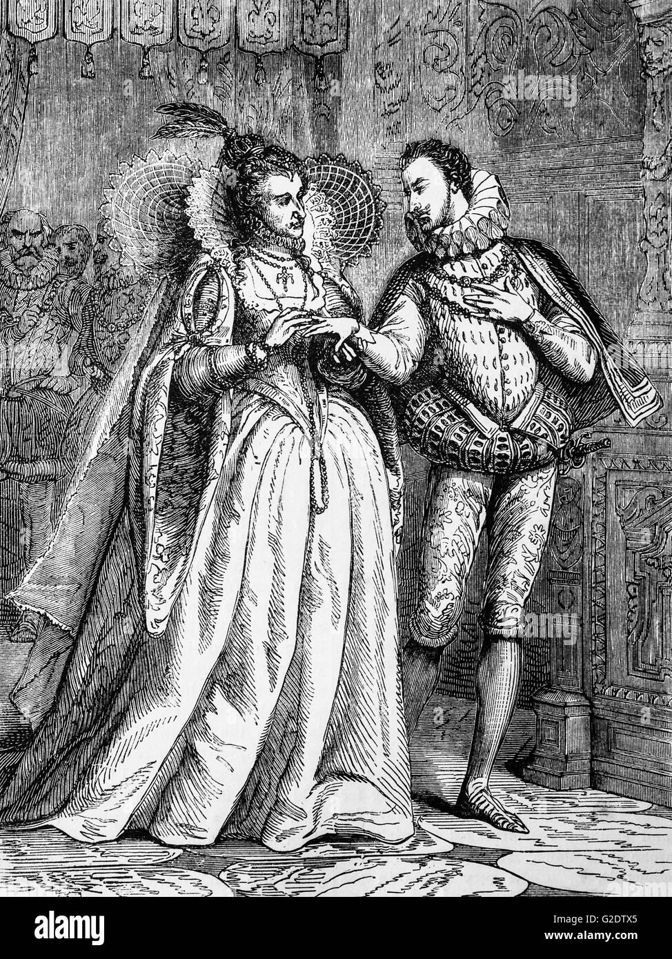 Elizabeth I (1533 - 1603) con uno dei suoi tanti pretendenti, eventualmente Robert Dudley, 1° Conte di Leicester, che era uno dei preferiti e intimo amico. Elizabeth è rimasto celibe e senza figli, così è stato il quinto e ultimo sovrano della dinastia Tudor. Foto Stock