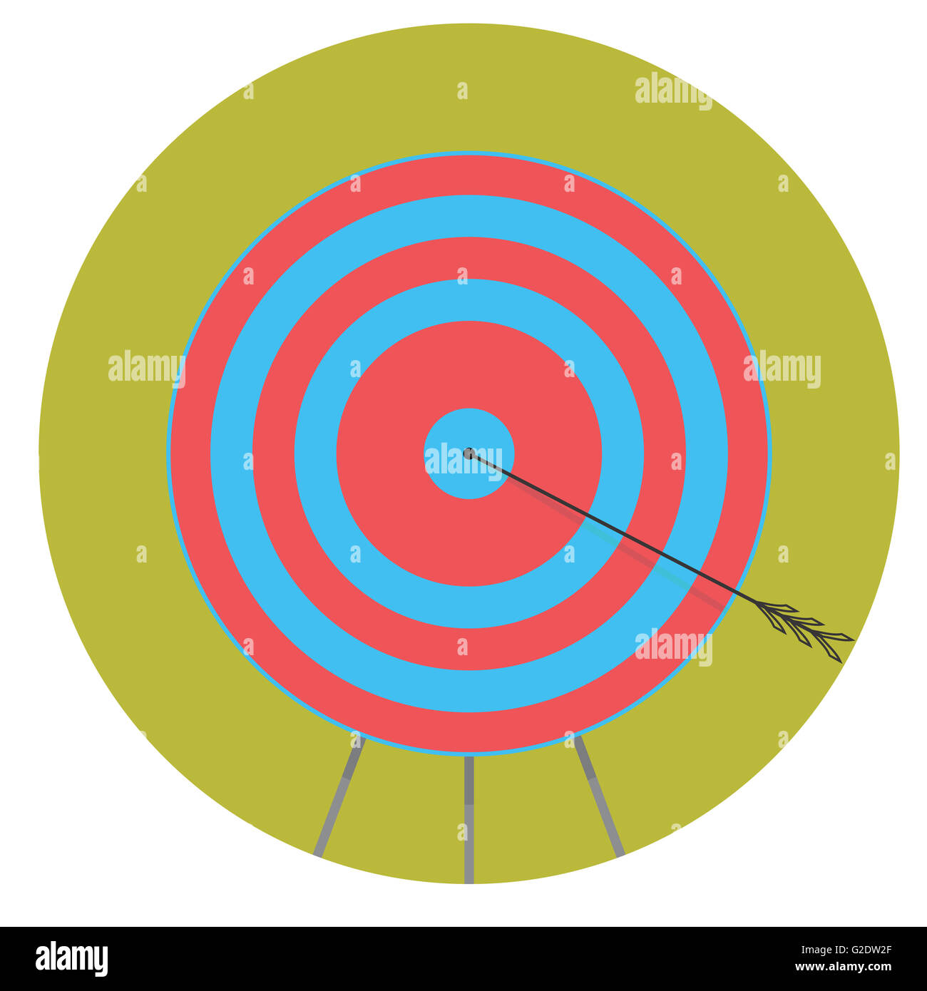 A destra nel barilotto. Freccia nell'icona target piatta. Bullseye shot vincitore e mirando nel centro bullseye. Vector design piatto illustratio Foto Stock