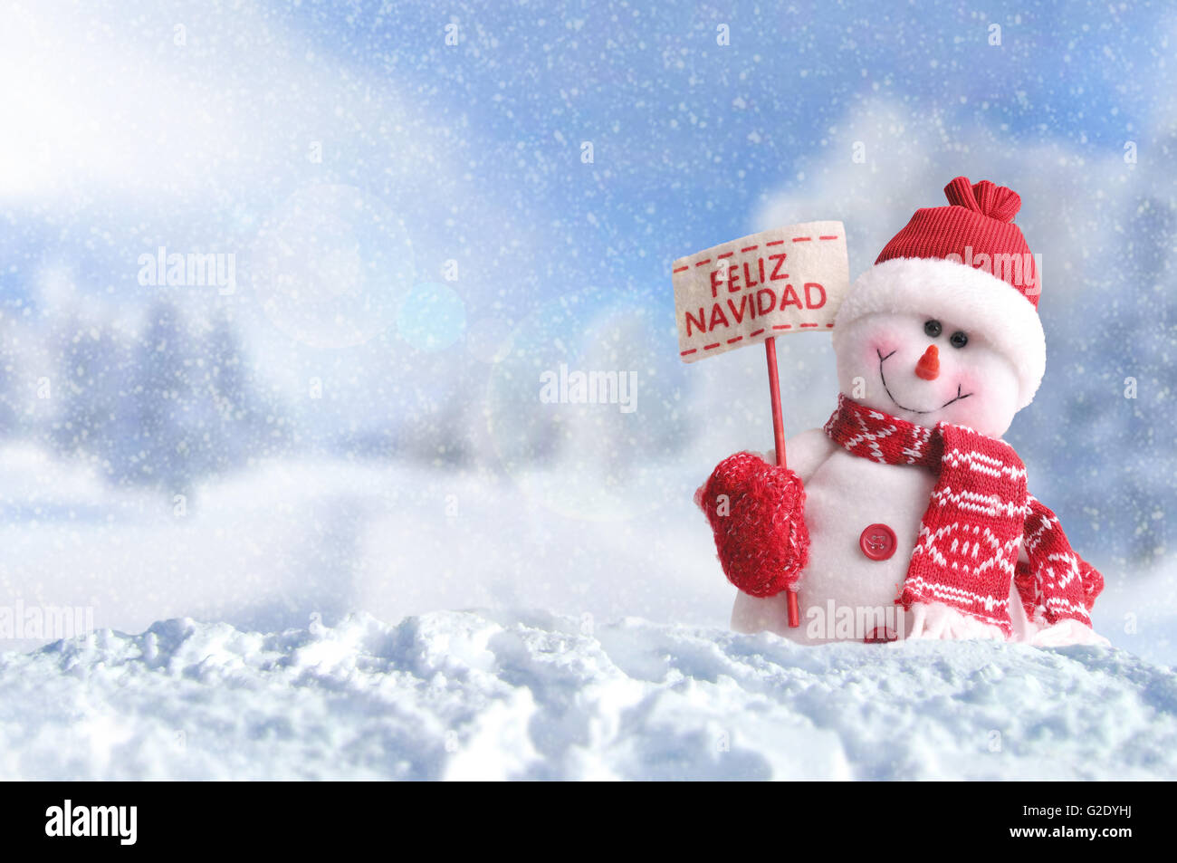 Pupazzo di neve con un cartellone in mano. Vestito con sciarpa rossa e guanti e hat nella neve fuori annunciando il natale Foto Stock