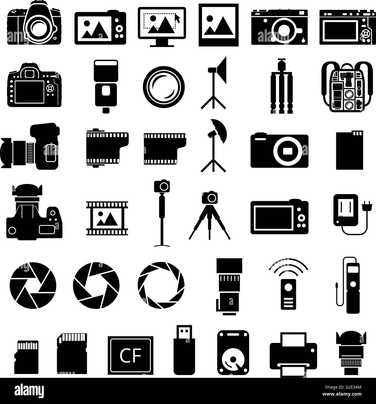 Accessori per la fotocamera icone Illustrazione Vettoriale