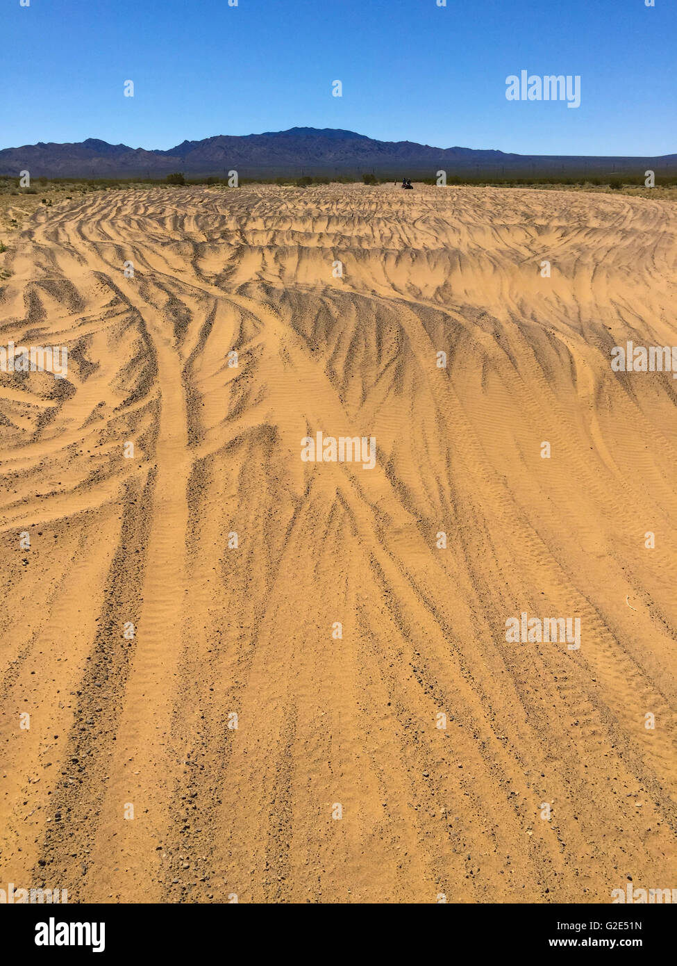 Tracce di pneumatici nel deserto del Nevada con una gamma di montagna in background e il cielo al di là Foto Stock