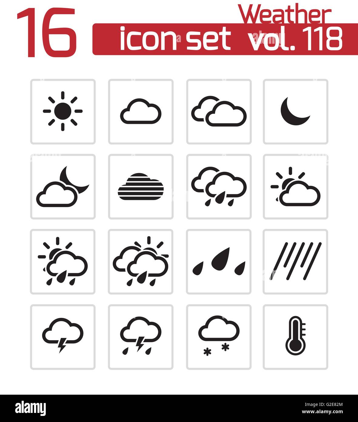 Nero vettore icone meteo impostato su sfondo bianco Illustrazione Vettoriale