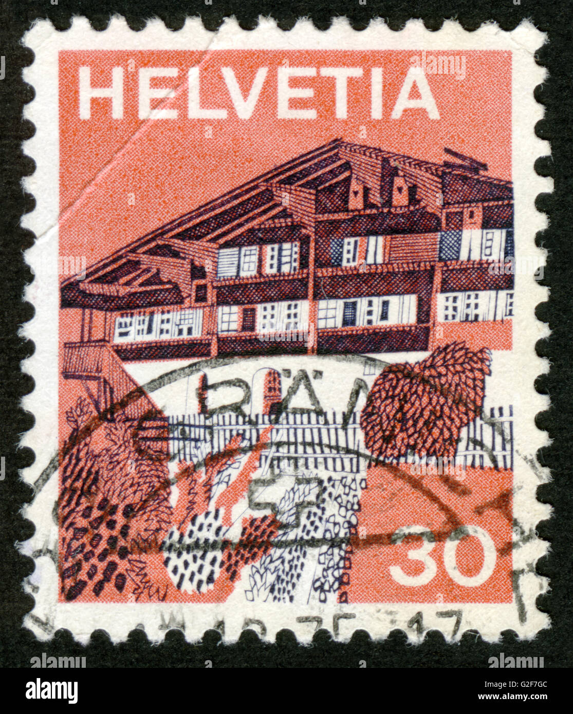 La Svizzera, Helvetia, francobollo, post mark, architettura Foto Stock