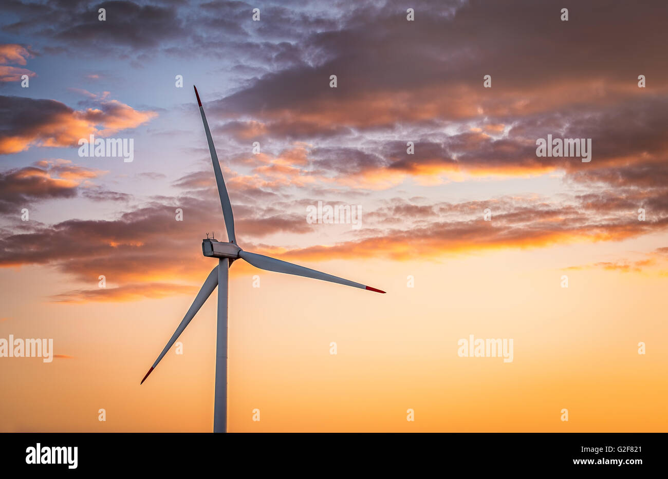 Bel tramonto sopra i mulini a vento sul campo. Foto Stock