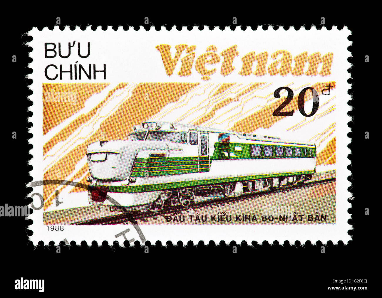 Francobollo dal Vietnam raffigurante un Kiha 80 motrice dal Giappone. Foto Stock