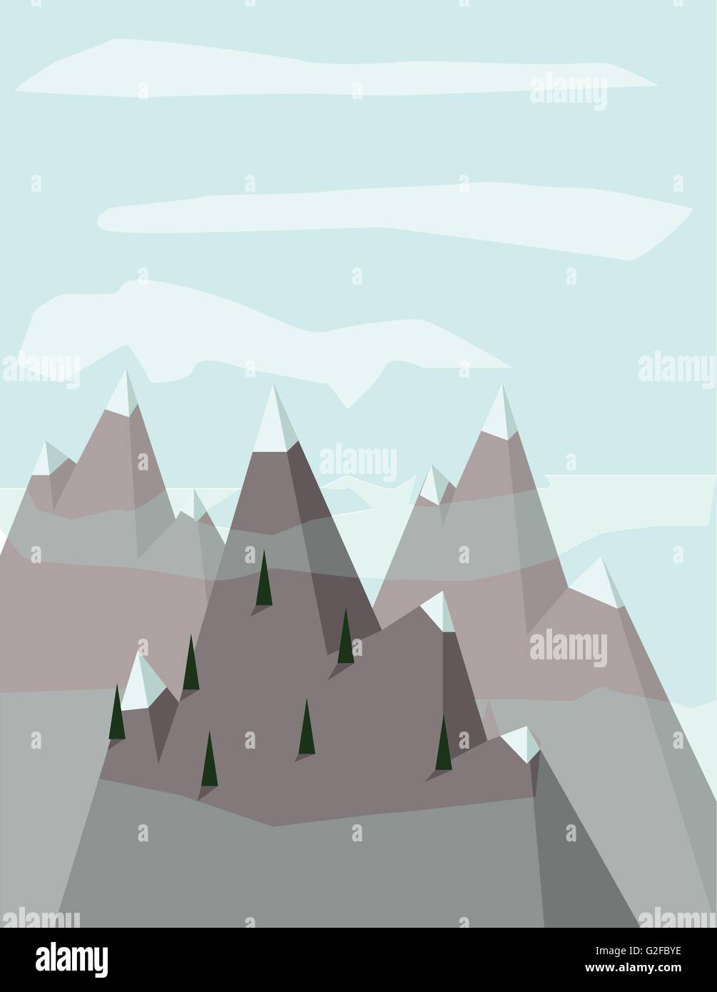 Paesaggio Astratto con pino argento treeson montagne con la neve sulla sommità, su un fondo azzurro con nuvole bianche. Digital Illustrazione Vettoriale