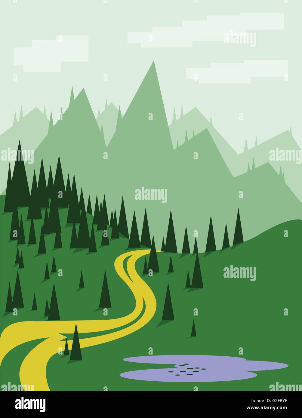 Paesaggio Astratto con alberi di pino, un giallo strada curva, viola il lago, il verde delle colline e montagne, su uno sfondo verde chiaro Illustrazione Vettoriale