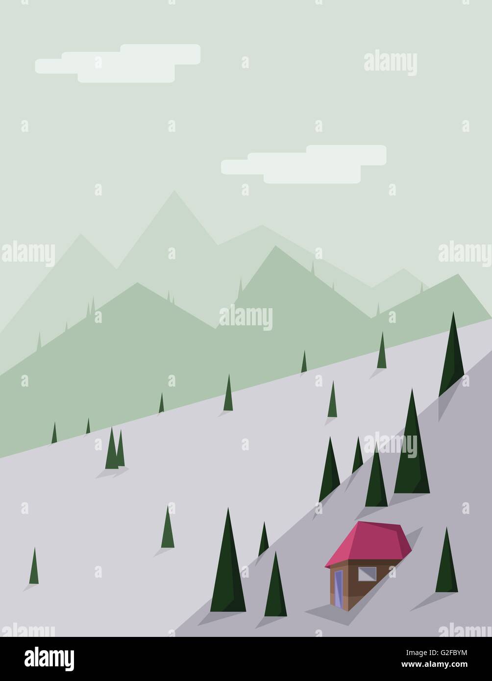 Paesaggio Astratto con alberi di pino, una casa marrone con un tetto rosso, verde delle colline e delle montagne, su uno sfondo verde chiaro con w Illustrazione Vettoriale