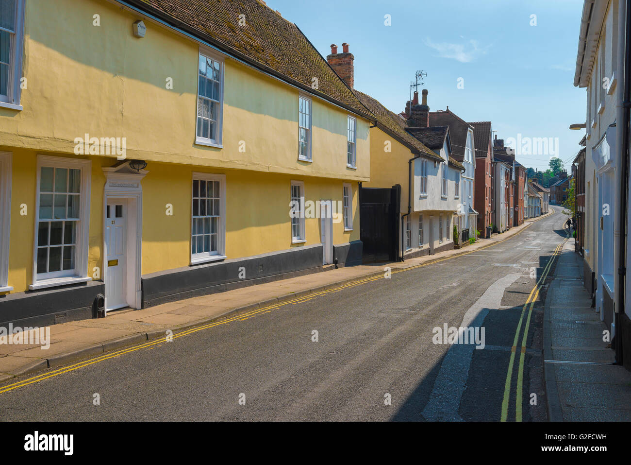 Suffolk medievale, vista di epoca medievale città case lungo il Cumberland Street di Woodbridge, Suffolk, Inghilterra, Regno Unito Foto Stock