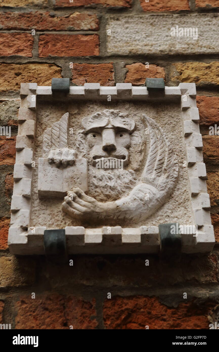 Dettaglio della parete a Venezia, Italia, che mostra lo stemma con l'immagine di un leone Foto Stock