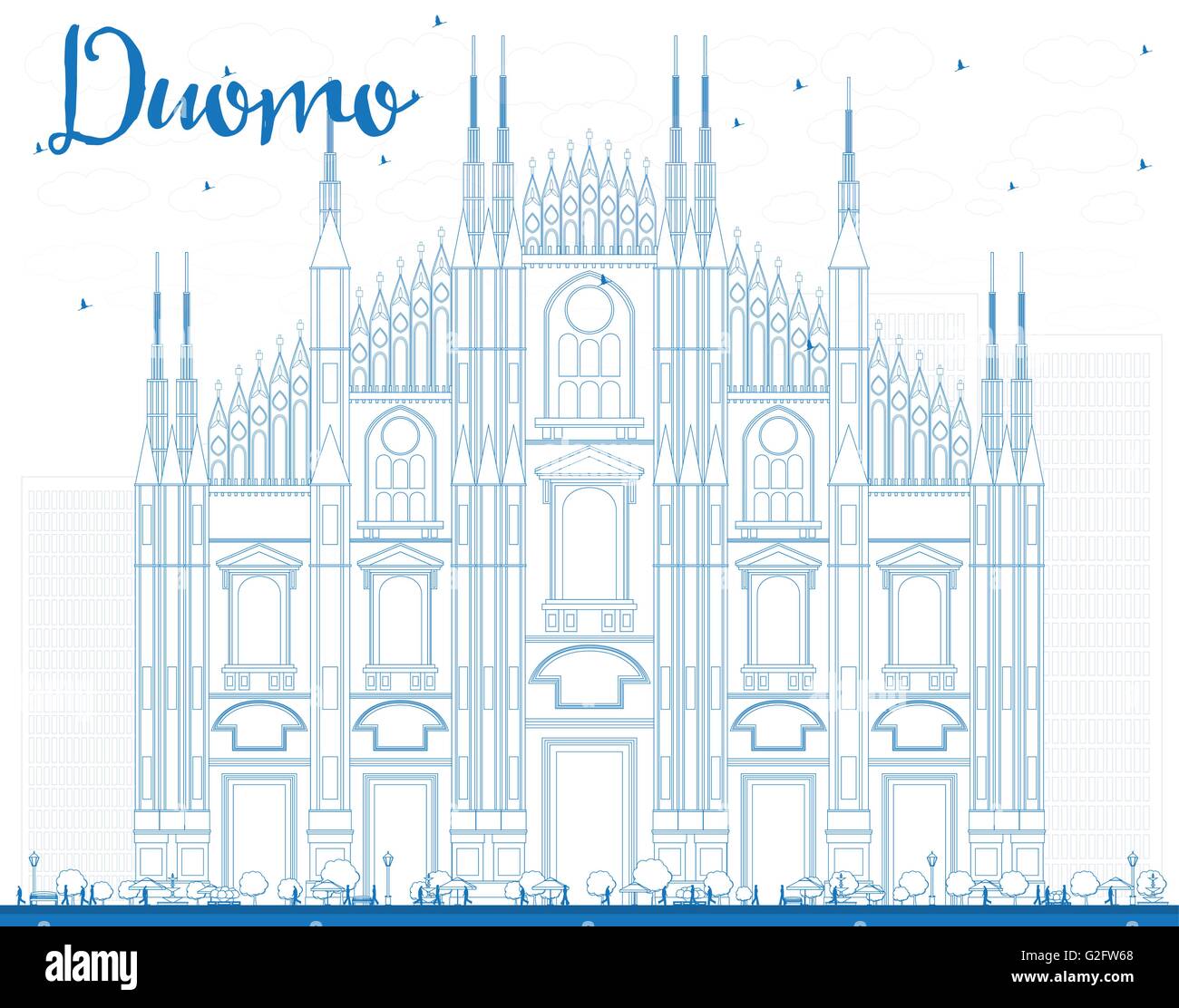 Delineare il Duomo in colore blu. Milano. L'Italia. Illustrazione Vettoriale. Il concetto di turismo con edificio storico. Immagine per la presentazione Illustrazione Vettoriale