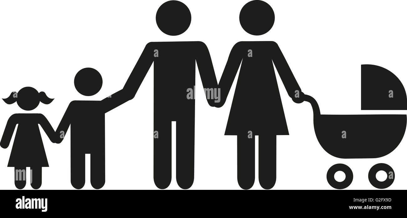 Icona della famiglia i genitori con bambini e buggy Foto Stock