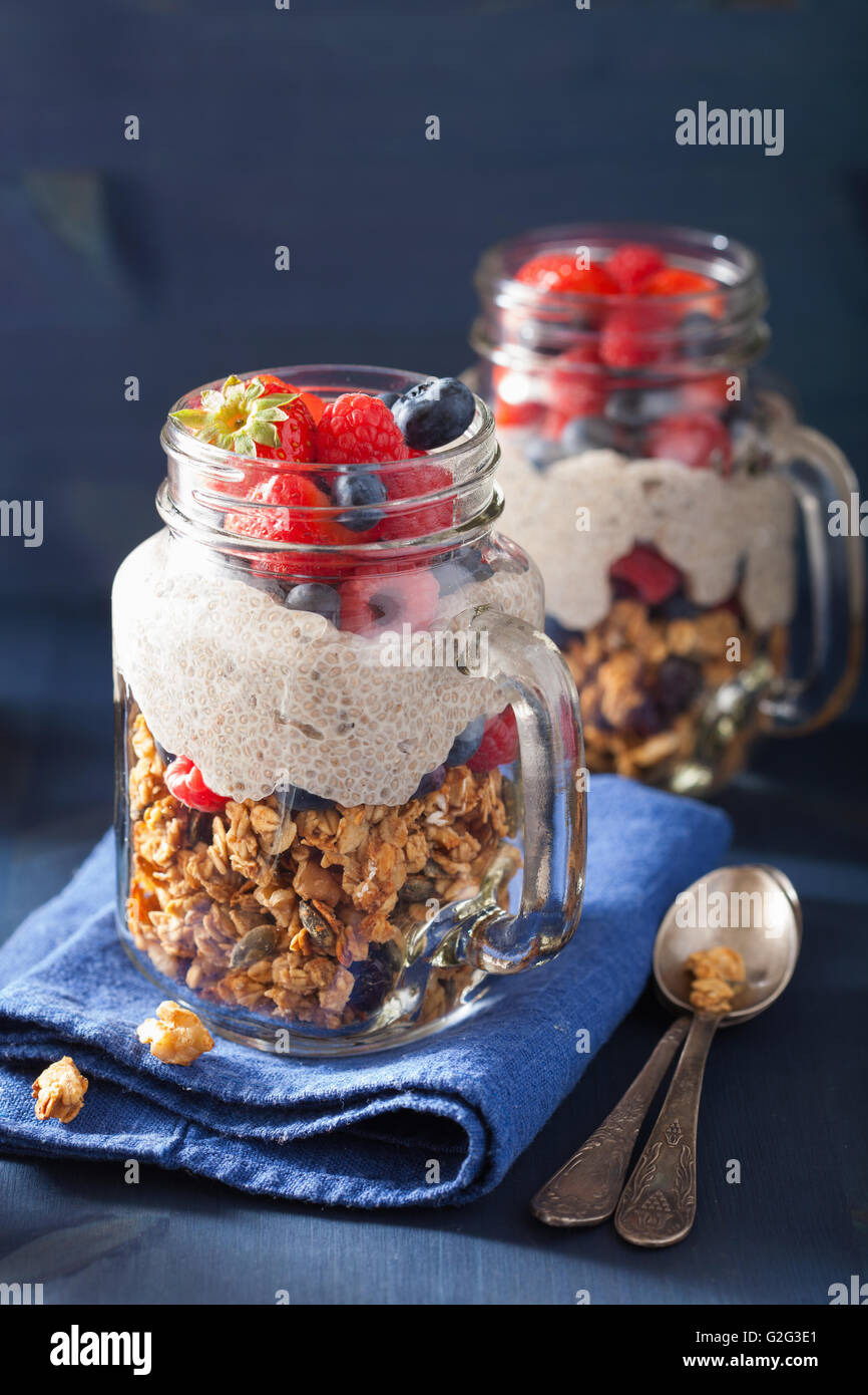 Muesli fatti in casa e chia budino di sementi con berry sana colazione Foto Stock