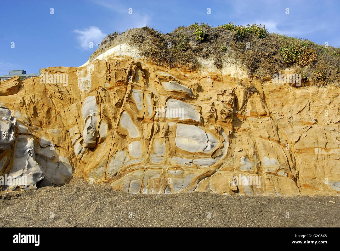 Colorate sul lato scogliera bluff On Moonstone spiaggia nella città di Cambria, California Foto Stock
