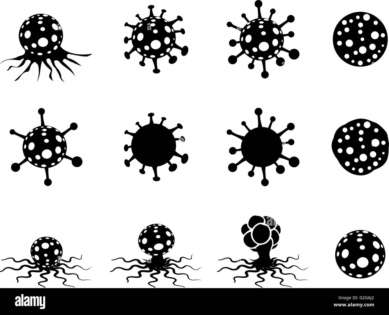 Set di virus e la cellula di cancro in stile silhouette, vettore Illustrazione Vettoriale