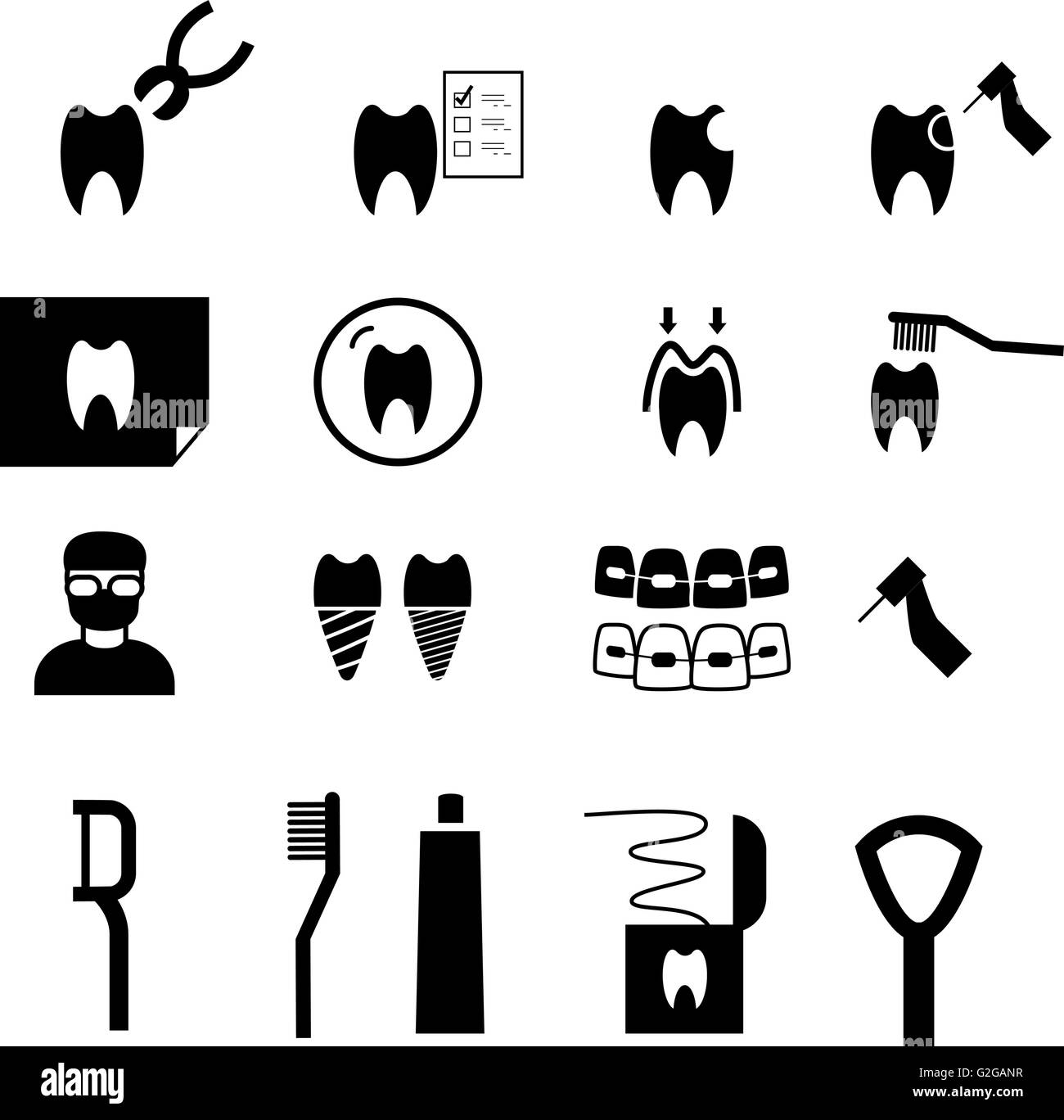 Set di icone dentale in stile silhouette, simbolo del vettore Illustrazione Vettoriale