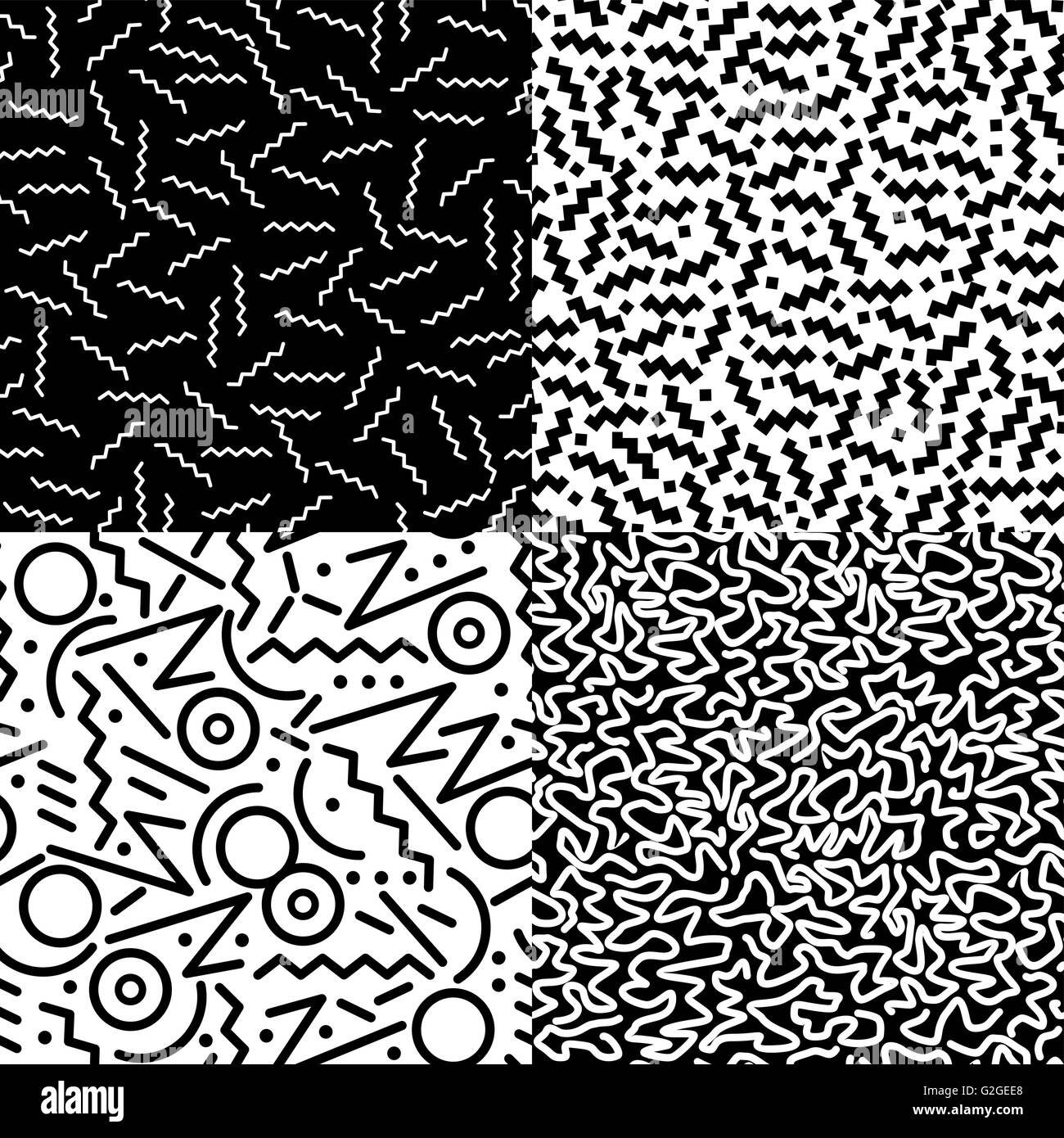 Set di retro vintage 80s seamless pattern in bianco e nero con memphis fashion style line art design. Ideale per il web backgroun Illustrazione Vettoriale