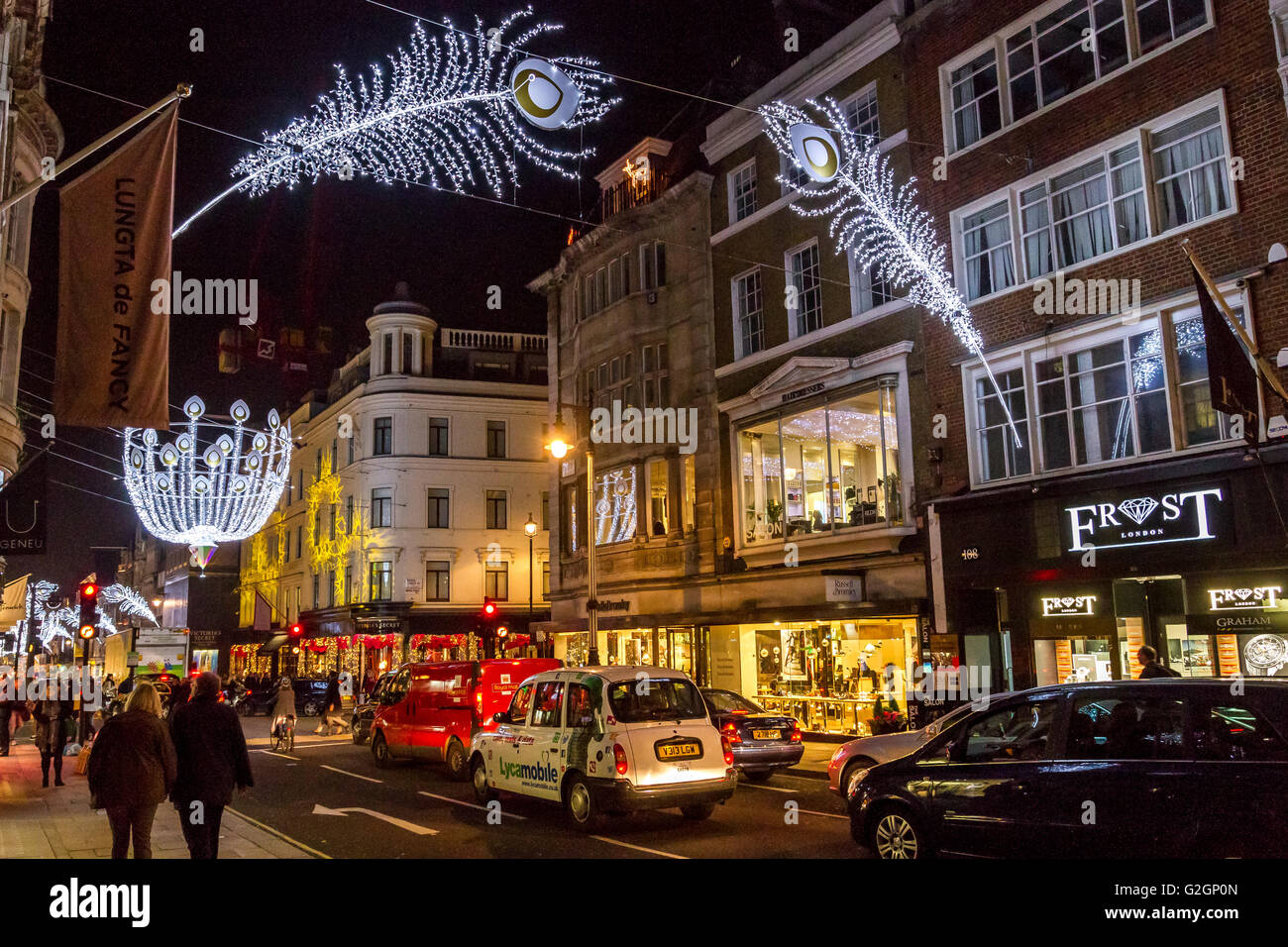 Bond St Christmas Lights nel West End di Londra, vivace tra i mercanti di Natale, Londra, Regno Unito Foto Stock