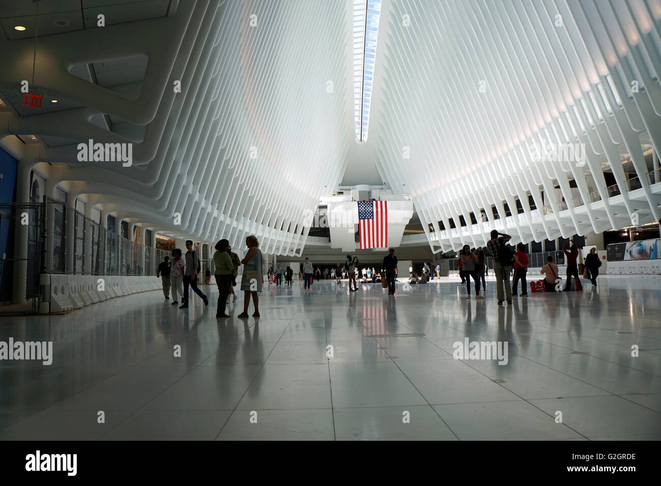 Spettatori ammirando l'interno dell'occhio Trasporto Hub, World Trade Center di New York City, NY, STATI UNITI D'AMERICA Foto Stock