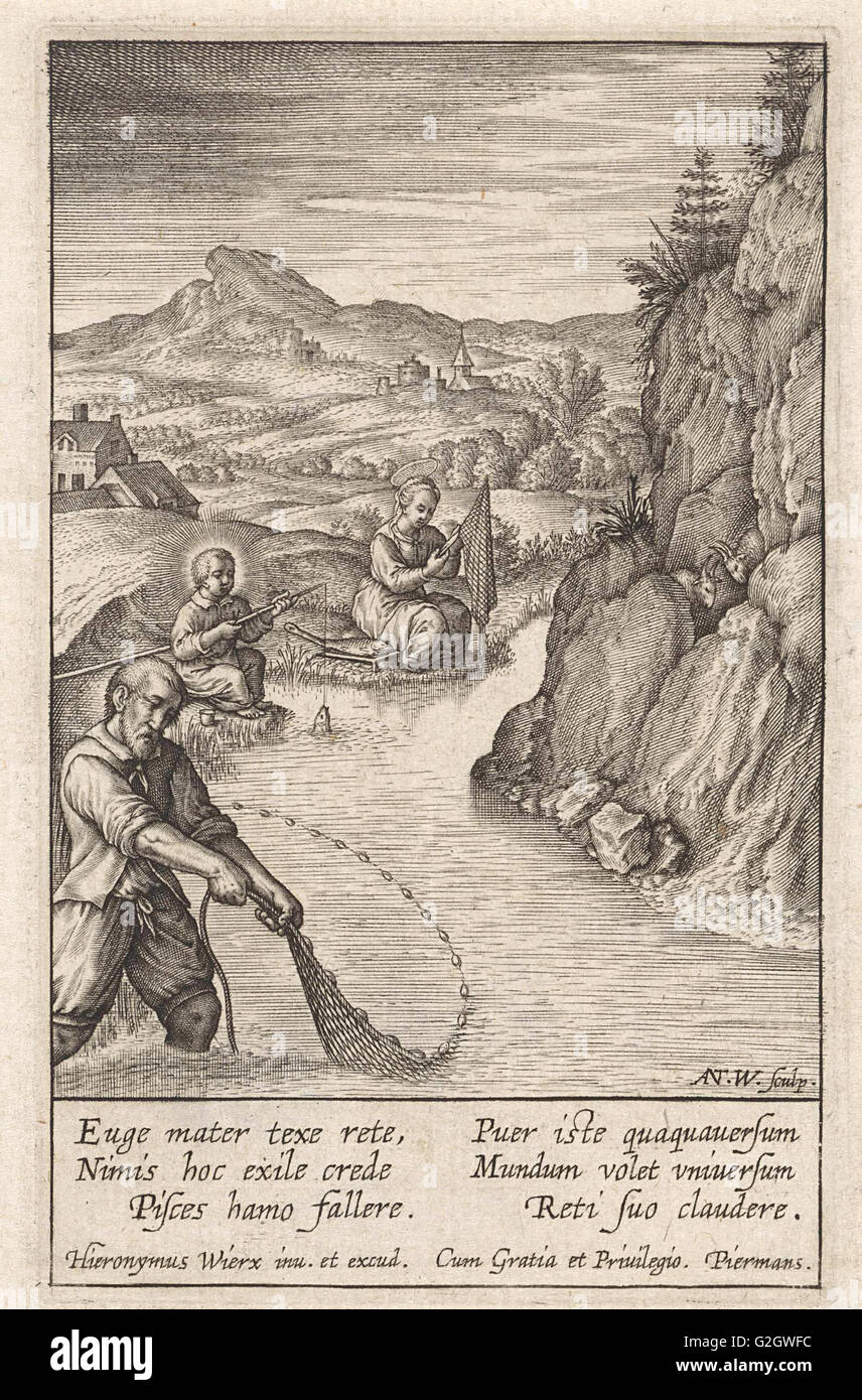 Sacra Famiglia pesca, Antonie Wierix (III), Hieronymus WIERIX, Piermans, 1606 - prima del 1619 Foto Stock