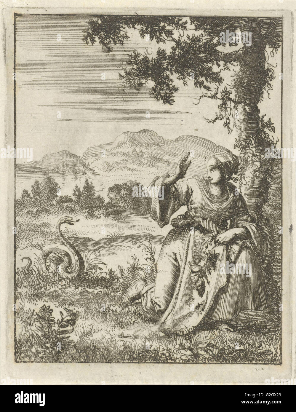 Una donna di raccogliere un fiore attaccato da un serpente, Jan Luyken, Pieter Arentsz II, 1687 Foto Stock